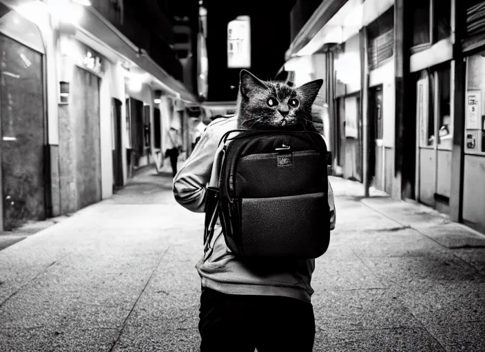 Image similar to photography of a Cat carrying a backpack . in a cyberpunk street. award winning photo, led lighting, night, 24mm, sharp, high res