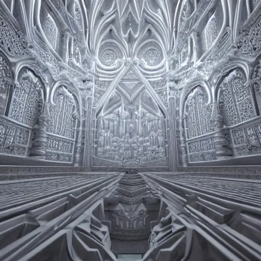Prompt: a hyperrealistic 3 d render of a massive sprawling fractal cathedral interior populated by mandelbrot fractals, unreal engine, carved soap, white color scheme, volumetric lighting, octane render, glowing, carved marble, opalescent, carved wood, sacred geometry, religious, angelic, catholicpunk, photorealism, 8 k, ultra detailed