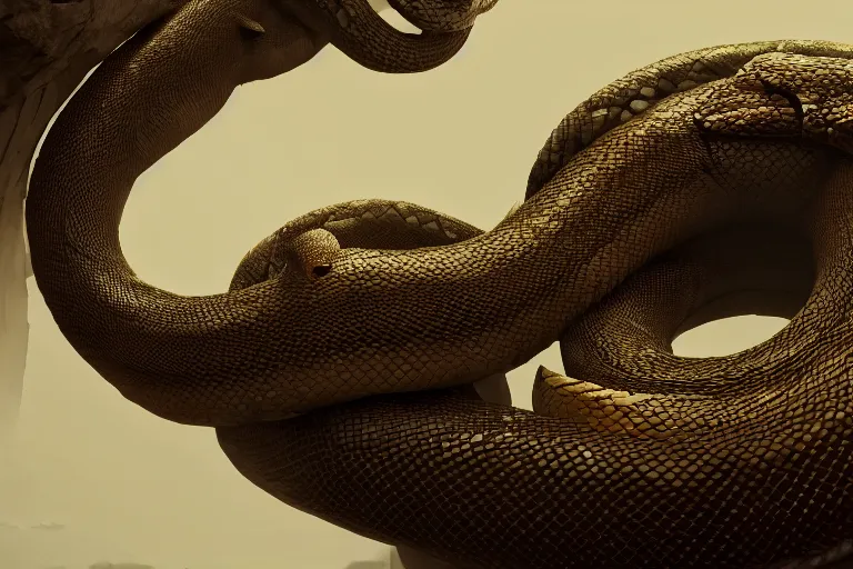 Prompt: amplified ritual engine, closeup portrait of a coiled colossal monster snake shrouded in fog, dramatic lighting, unreal engine, cgsociety, artstation, 4k