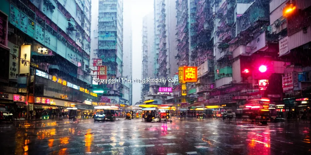Prompt: rainy Hong Kong downtown city street