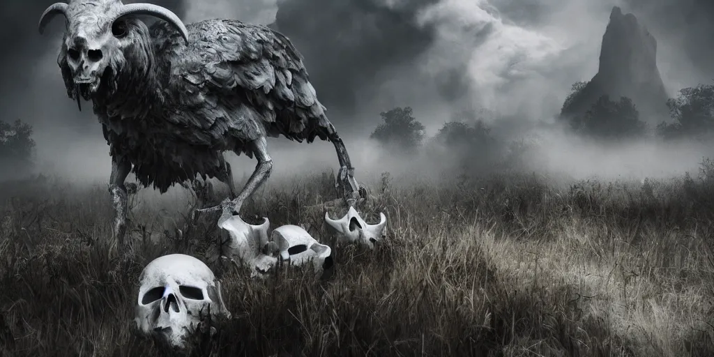 Image similar to white bird skulls, ram skulls, sculpture. swirls of mist. occult photorealism, uhd, amazing depth, volumetric lighting, cinematic lighting. epic landscape.