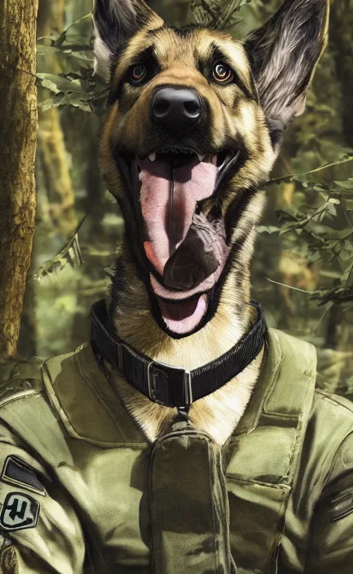 Image similar to close up character portrait icon of the german shepard military uniform head animal person fursona wearing clothes standing in the bright forest, hidari, color page, tankoban, 4 k, tone mapping, akihiko yoshida