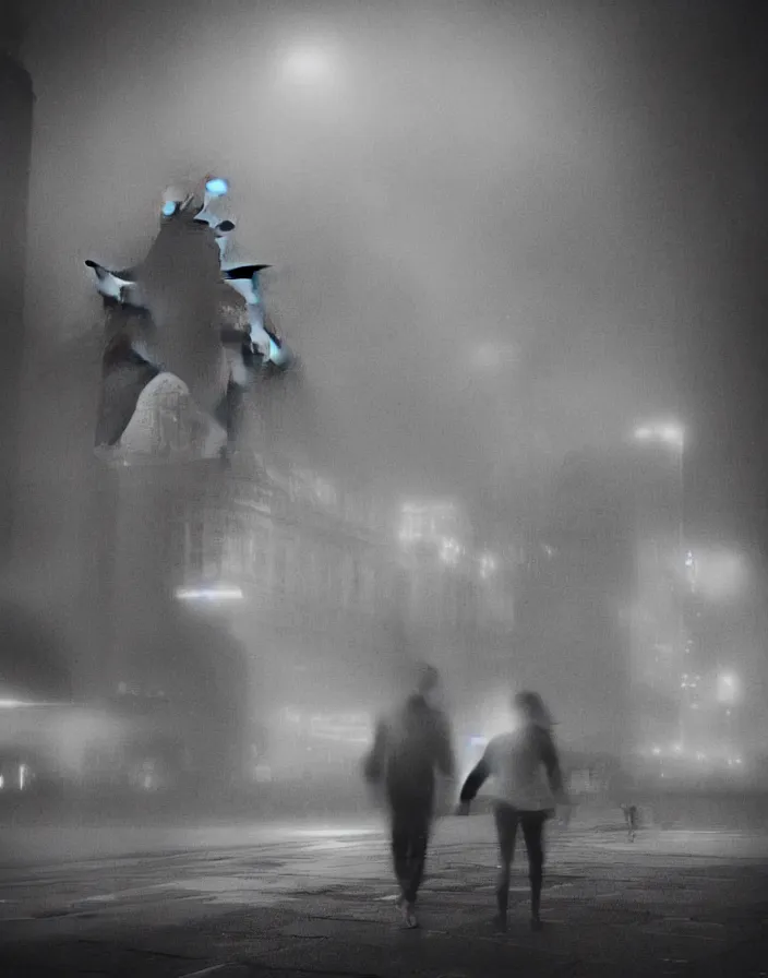 Image similar to very low - resolution found footage of a couple escaping in the city from a starfish kaiju monster, fog, foggy, korean film noir, monochrome, red hue, thriller, underdeveloped, epic, dramatic