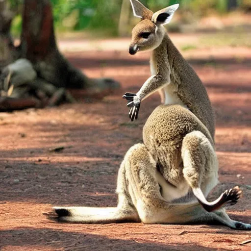 Prompt: <photograph><Kangaroo cute=true><sign readable=true text='Hello Friends'></sign></Kangaroo></photograph>