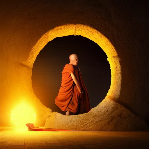 Image similar to concept art a monk discovering a portal to enlightenment, 8 k, cinematic lighting, dark, detailed, crisp, clarity, crisp, ornate, luxury, elite, zen, cinematic