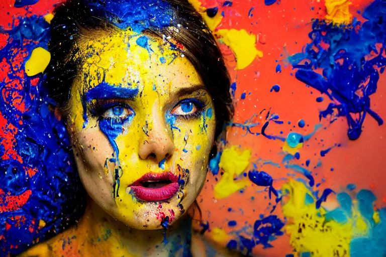 Prompt: a highly detailed cinematic headshot portrait photograph of a shocked woman with a dripping paint face, with blue and orange and yellow paint splash, dynamic pose, liquid, ultra realistic, beautiful rim lighting, by richard avedon and annie leibovitz and arnold newman, photorealistic, hyperrealistic, octane, hasselblad camera, zeiss lens, sharp focus, paint splash