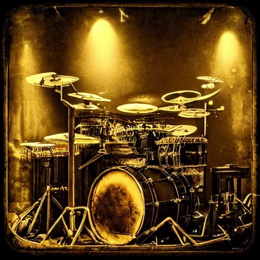 Image similar to “Drum set in steampunk style with room full of wires, pipes, meters. Dark cinematic lighting. Highly detailed. Old torn photograph. ”