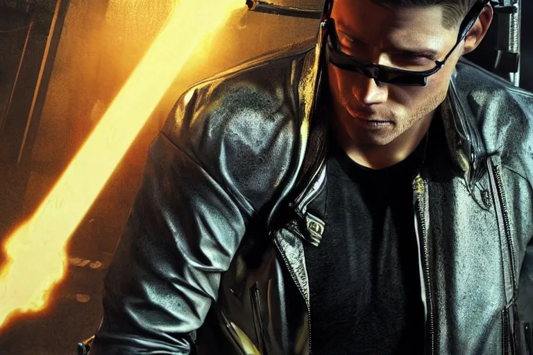 Prompt: a detailed full bodied 3 d render of an extremely handsome jensen ackles as the terminator walking down a dark alley in cyberpunk 2 0 7 7 and holding a glowing electrified katana, facing the camera, explosion in the background, volumetric lighting, octane render, 8 k, art by greg rutkowski and albert bierstadt and alphones mucha