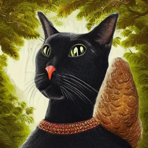 Prompt: a fabulous old woman with a sly face, a long nose and a wart on it. there is a black cat nearby. the background of huge chicken paws on top is a hut. fabulous enchanting dense forest around. very clear image. hyperrealistic.