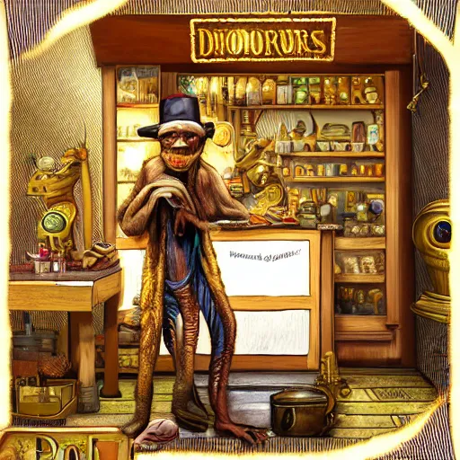 Image similar to Anthropomorphized DinosUr trader in his shop, selling his wares, portrait, items, gold, magic potions, carpet, window, fancy hat, sly expression , cunning expression, cute expression, long thick shiny gold beak, presenting wares, holding a gold bag, D&D, fantasy, cinematic lighting, highly detailed, digital painting, artstation, concept art, smooth, sharp focus, illustration, warm light, cozy warm tint, magic the gathering artwork, volumetric lighting, 8k, art by Akihiko Yoshida, Greg Rutkowski
