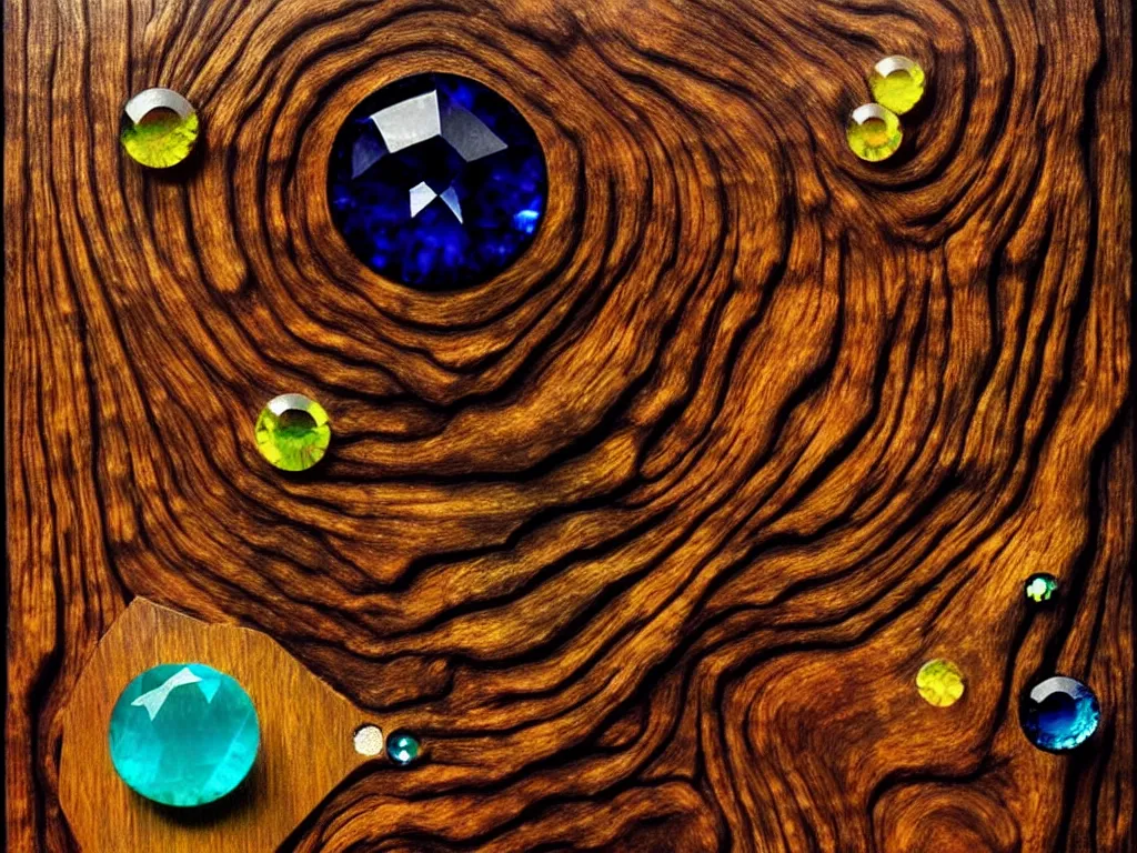 Image similar to gemstones embedded in wood, trending on deviantart, neo surrealism, sharp focus, octane, masterpiece, art by max ernst