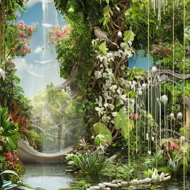 Prompt: surrealism, swinging garden of babylon, oasis, garden, plant life, pottery, frank lloyd wright, birds, harmony, light flooded, heaven, hanging plants, white marble with gold accent, greek, pillars, exotic flowers, vines, garden of eden, lavish, lush