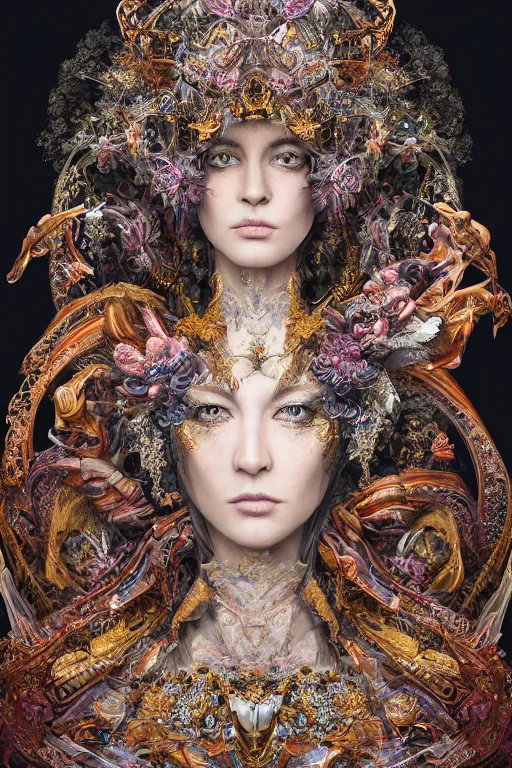 Image similar to hyper-realistic ultra-detailed maximalist and dramatic elegant luxury beautiful young empress portrait by igor goryunov and heidi taillefer inspired by andrei riabovitchev and patricio clarey Rendered by binx.ly 8k. Generative art. Fantastic realism. Scifi feel. Extremely Ornated. Intricate and omnious. Tools used: Blender Cinema4d Houdini3d zbrush. Unreal engine 5 Cinematic. Beautifully lit. No background. artstation. Deviantart. CGsociety.