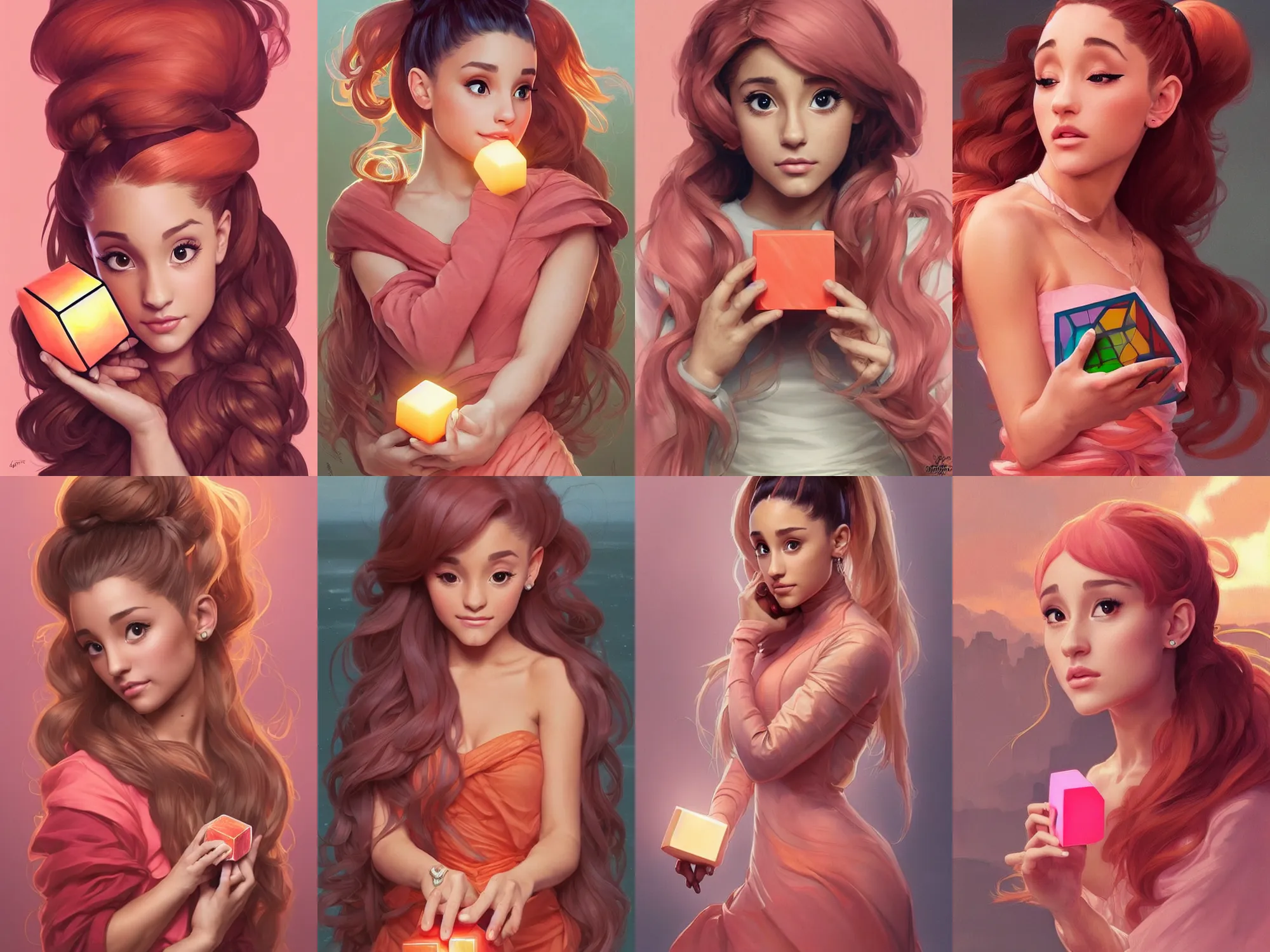 Prompt: beautiful cottagecore Ariana Grande holding a cube . general color is salmon. intricate, elegant. highly detailed, digital painting, artstation, concept art, smooth, sharp, focus, illustration. . art by artgerm and greg rutkowski and alphonse mucha