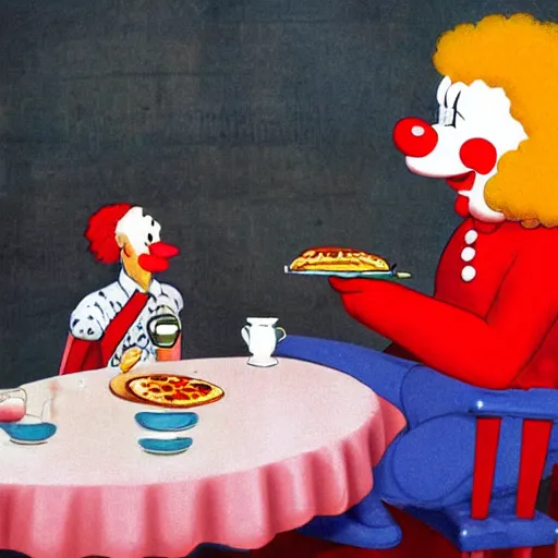 Prompt: Bozo the clown having tea with pizza.