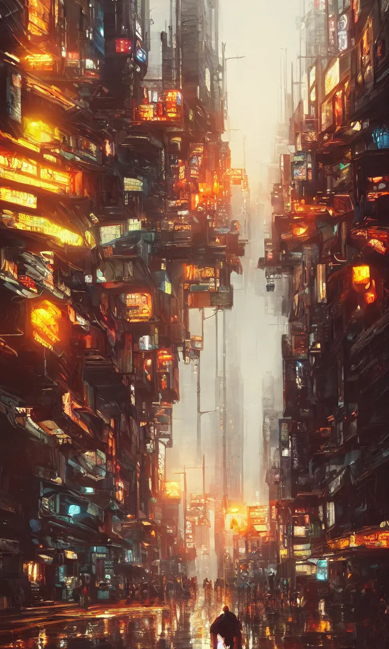 Image similar to an epic painting of the city street, oil on canvas, cold colors, perfect composition, golden ratio, beautiful detailed, photorealistic, digital painting, artstation, concept art, smooth, sharp focus, illustration, cyberpunk background, artstation trending, octane render, unreal engine