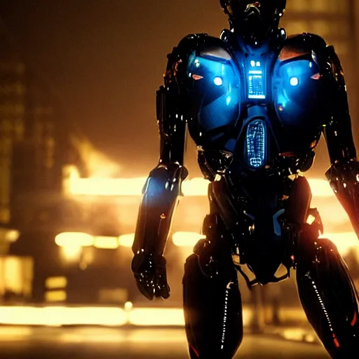 Image similar to movie still of a cool black cyborg, cinematic composition, cinematic light, by edgar wright