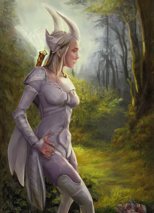 Image similar to A fantasy comic book roleplaying game style portrait painting of Maika Monroe as a grey elf in a mountain meadow sanctuary, DAZ, hyperrealistic, ambient light, dynamic light