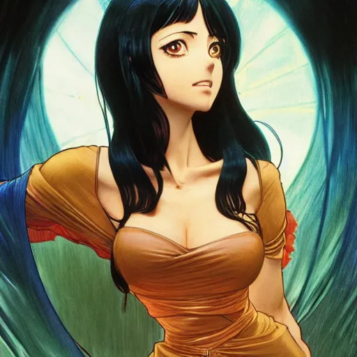 Prompt: highly detailed vfx portrait of nico robin by eiichiro oda!, makoto shinkai, alphonse mucha, sharp focus, art by artgerm and greg rutkowski!, backlit, harsh overhead sunlight, blue eyes!!, large aquiline nose!!, stanley kubrick, kaoru mori, best of behance,