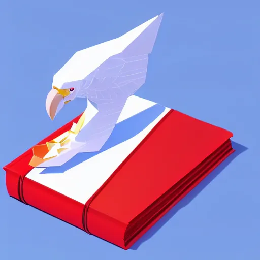 Image similar to low poly, vector, white eagle icon, in a book, red background, cgsociety, artstation, octane render