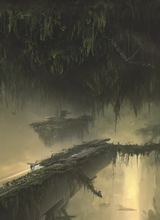 Image similar to aircraft carrier USS Nimitz laying on the ground of a tropical forest, overgrown with vegetation, hanging vines, post appocalyptic, by Luis Royo, by Greg Rutkowski, dark, gritty, intricate, cover illustration, concept art, volumetric lighting, volumetric atmosphere, sharp focus, octane render, trending on artstation, 8k