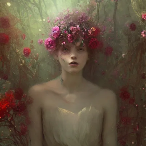 Image similar to a beautiful terrifying girl made of flowers. ethereal horror fantasy art by greg rutkowski and magali villanueve and monet, concept art, smooth, cinematic lighting, 8 k resolution