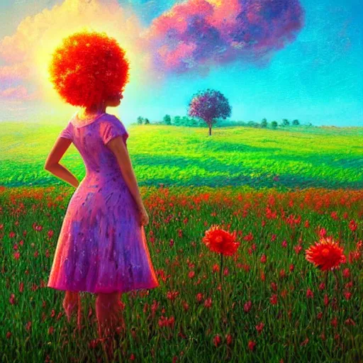 Image similar to large flower afro, full body, girl standing in the middle of a field with flowers, surreal photography, hills, sunrise dramatic light, impressionist painting, colorful clouds, digital painting, pointillism, artstation, simon stalenhag