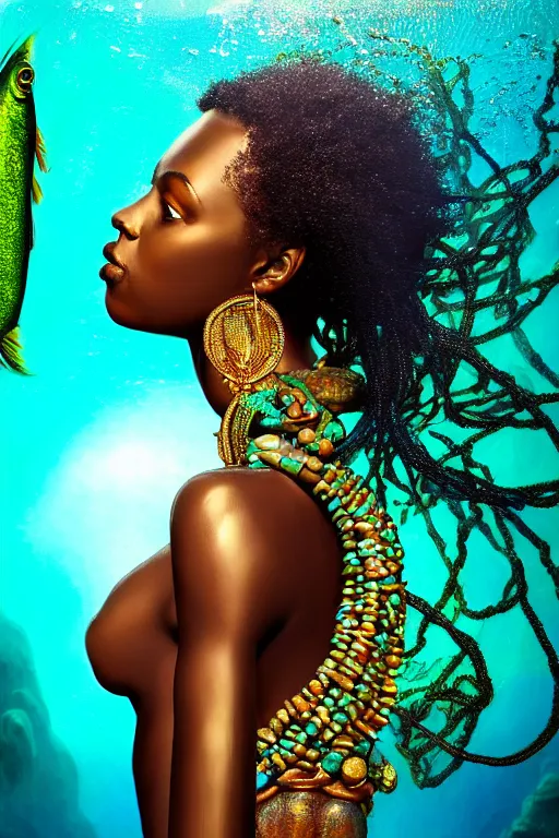 Image similar to hyperrealistic wide shot of very expressive! translucent!! african goddess, cinematic underwater scene with fish and algae, gold jewerly, highly detailed face, digital art masterpiece, eric zener cam de leon, dramatic pearlescent turquoise light on one side, low angle uhd 8 k, shallow depth of field