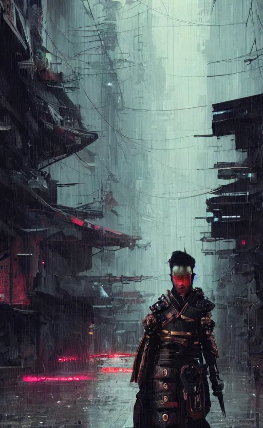 Image similar to cyberpunk samurai in rain, crowd, raven, arcane, by fortiche, by greg rutkowski, esuthio, craig mullins, wlop