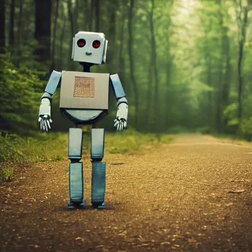 Image similar to robot made of a cardboard box, crayon face, walking through the forest, dof, cinematic lighting, hyperrealistic, extremely detailed,