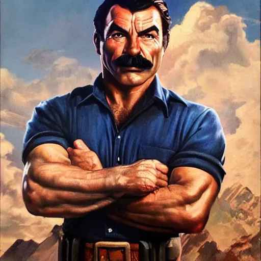 Image similar to ultra realistic portrait painting of tom selleck as vault boy, art by frank frazetta, 4 k, ultra realistic, highly detailed, epic lighting