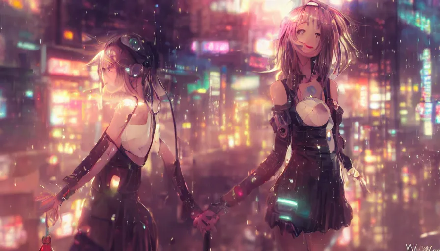 Image similar to cute anime girl in a cyberpunk city by wlop, detailed eyes, heterochromia, bright eyes, closeup, happy expression, laughing, short minidress, light clothing, posing, light rain, hyper real, detailed digital art, idol, photorealistic, trending on art station