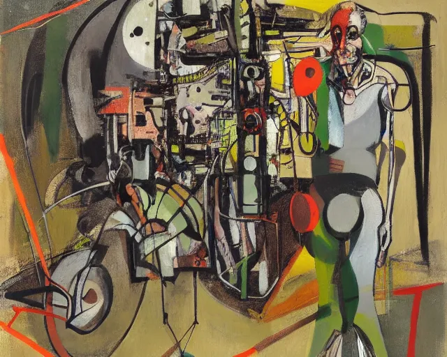 Image similar to painting of a cyborg questioning his reality by graham sutherland