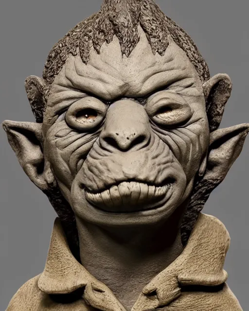 Prompt: 'history textbook page with a picture of a clay sculpture of a goblin' clay sculpture, photograph, zoomed out, trending on tumblr, textbook pages