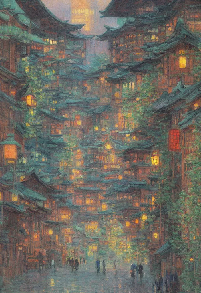 Image similar to a beautiful japanese city in the mountain, amazing ryokans and gorgeous edo era houses, epic cyberpunk, lofi vibe, colorful, vivide colors, amazing light, really beautiful nature, oil painting in impressionist style, by jeremy lipkin, by claude monet, by makoto shinkai, multiple brush strokes, inspired by ghibli, masterpiece, beautiful
