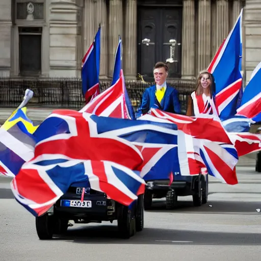 Prompt: Lizz Truss leading a group of union jack clad tanks to the aide of Ukraine
