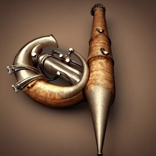 Image similar to a 3 d render of a medieval blowing horn, winding horn, animal horn, higly detailed, mystic, artwork