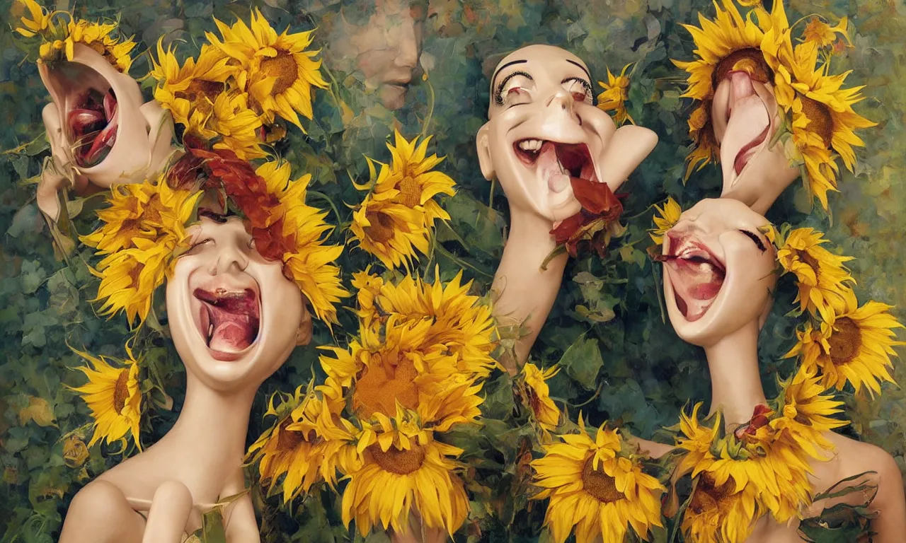 Prompt: a portrait of a beautiful female mannequin, a jointed wooden art doll, laughing with her mouth open, happiness, sunflowers, by Rolf Armstrong, by Esao Andrews, by Karol Bak