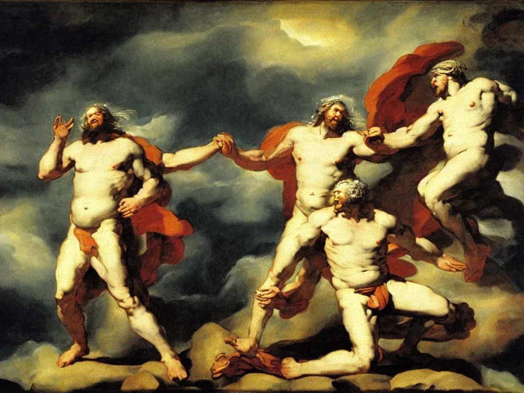 Prompt: zeus vs thor by francisco goya, mythological painting, oil painting