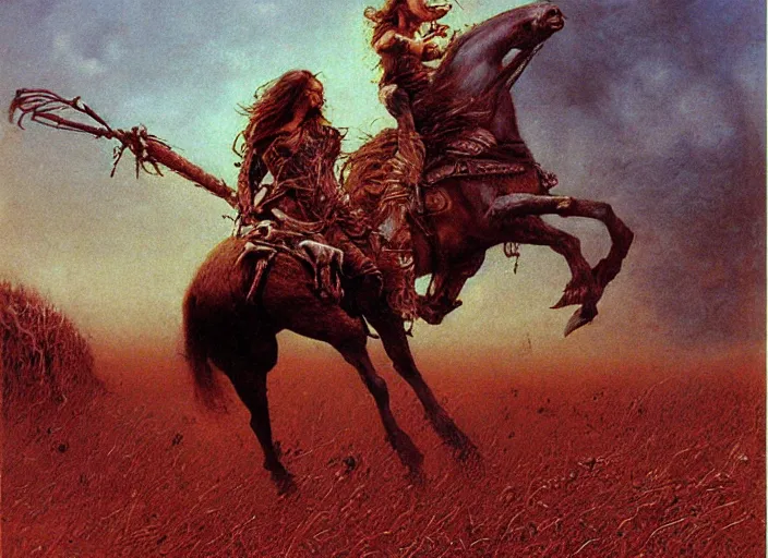 Image similar to cowgirl fighting monsters by Beksinski and Luis Royo