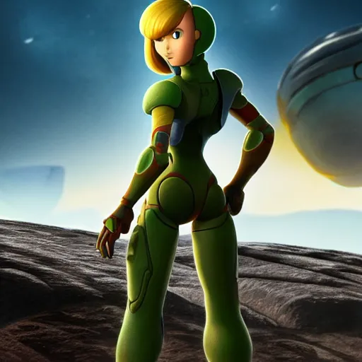 Image similar to Samus Aran standing on a desolate planet, Pixar movie still, official media, 4k HD, by Bill Pressing