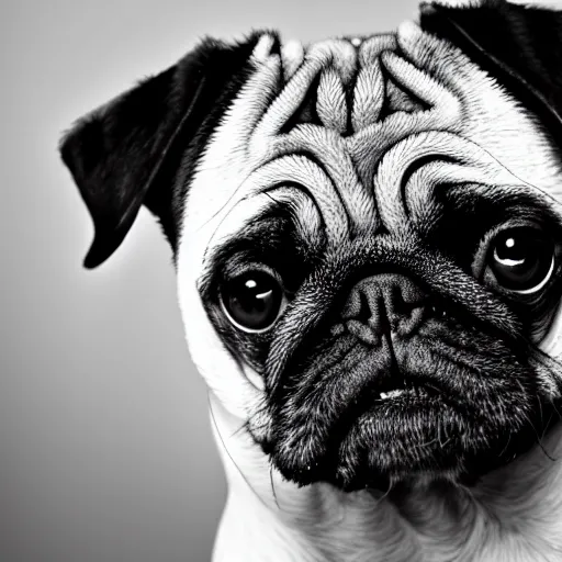 Image similar to portrait of a pug with an emo haircut, intricate detail, high contrast, studio photo, well lit,