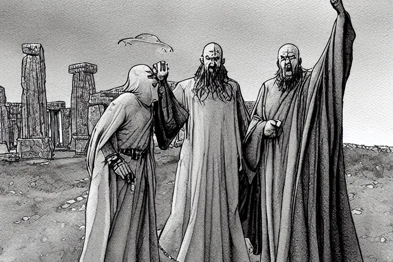 Image similar to a realistic and atmospheric watercolour fantasy concept art of a dirty medieval monk in grey robes pointing to the sky in stonehenge. a ufo is in the sky. by rebecca guay, michael kaluta, charles vess and jean moebius giraud