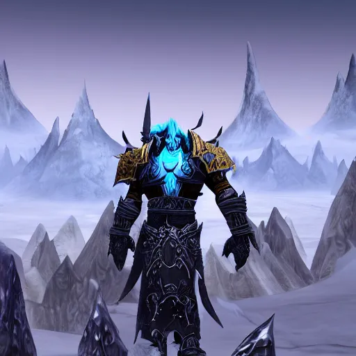 Image similar to world of warcraft arthas viewed from the back standing in front of a vast icy land and dark icy mounatins in the background, extreely detailed, wow, cinematic, unreal engine 5, artistic, movie poster, world of warcraft cinematics style, only dark contrasting colours, colours ranging of blue white and black