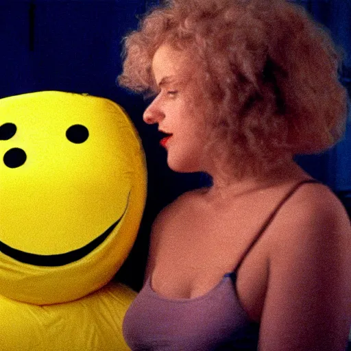 Prompt: still from a 1994 arthouse film about a depressed woman dressed as an inflatable smiley who meets a handsome younger man in a seedy motel room, color film, 16mm soft light, weird art on the wall