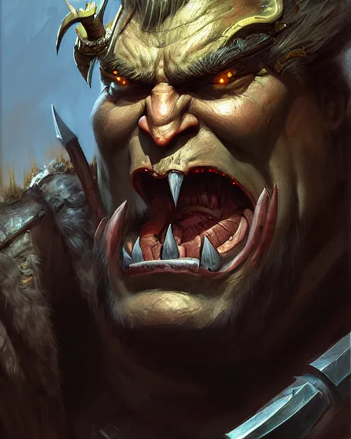 Image similar to trump as orc barbarian | | realistic shaded, fine details, realistic shaded lighting poster by greg rutkowski, magali villeneuve, artgerm, jeremy lipkin and michael garmash and rob rey