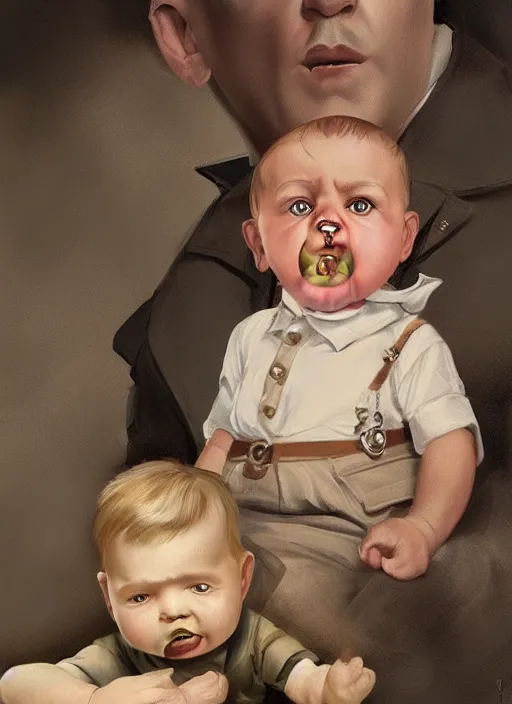 Prompt: Hitler dressed as a baby, sucking a dummy, highly detailed, digital painting, artstation, concept art, sharp focus, illustration, briclot, rutkowski, mucha