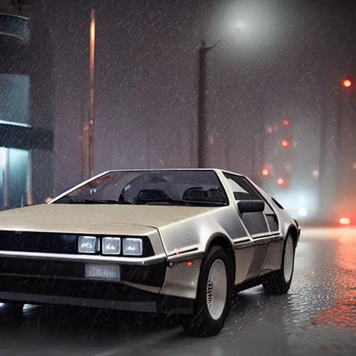 Image similar to hyperdetailed, photorealistic photograph of a dmc 1 2 delorean driving in the streets, rain, night, dense fog, hd, unreal engine 5