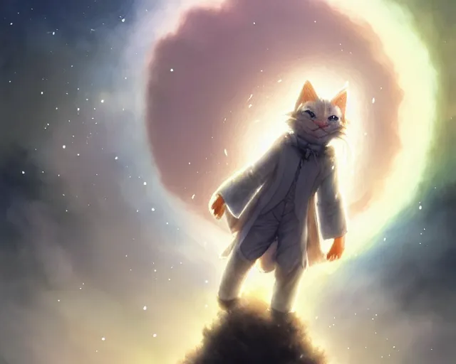 Image similar to one cartoonish kitty dressed as Gandalf floating alone in space, bright stars, anime, a fantasy digital painting by Greg Rutkowski and James Gurney, trending on Artstation, highly detailed