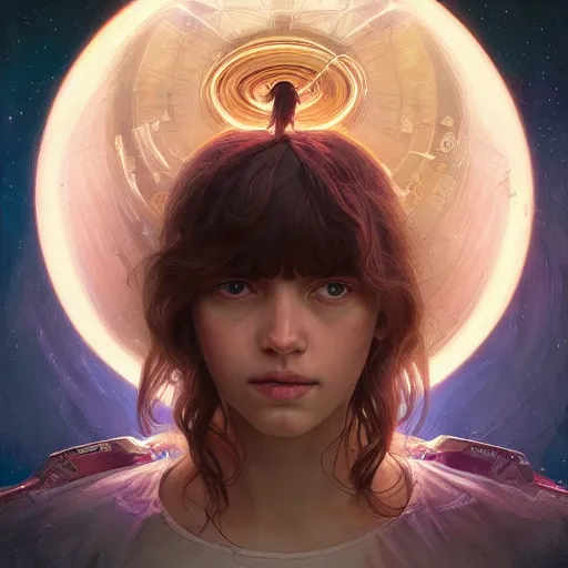 Image similar to portrait of a girl with the universe inside her head, filaments, surreal, intricate, headshot, highly detailed, digital painting, artstation, concept art, sharp focus, cinematic lighting, illustration, art by artgerm and greg rutkowski, alphonse mucha, cgsociety, science fiction